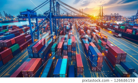 Logistics, container Cargo ship transportation with working crane bridge in deep sea port for import export. 126686159