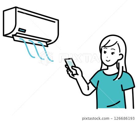 Illustration of a woman cooling off with an air conditioner 126686193