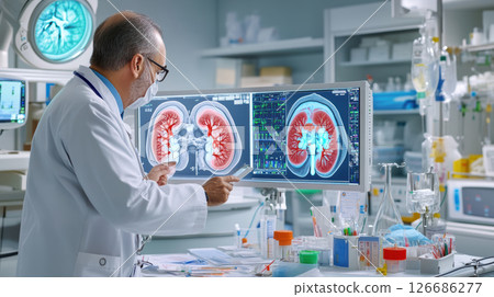 Kidney disease, Chronic kidney disease ckd, Doctor with human model to treat and study in hospital. Kidney disease, Chronic kidney disease ckd, Doctor with human model to treat and study in hospital. 126686277