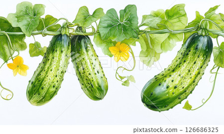 Cucumber hanging with leaf, watercolor painting. 126686325