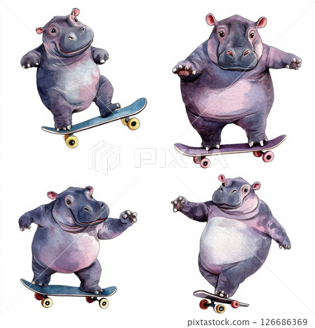 Cute hippo in different poses skateboard watercolor painting isolated on white background. 126686369