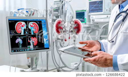 Kidney disease, Chronic kidney disease ckd, Doctor with human model on screen to treat and study in hospital. 126686422