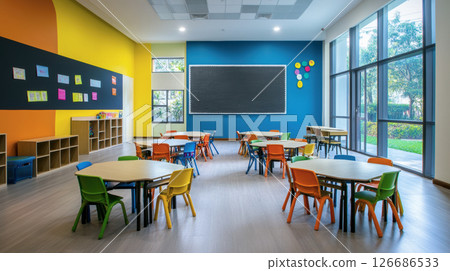 Empty modern classroom with colorful desk and chair for children learning. 126686533
