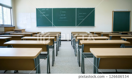 Empty classroom with desks and chairs with board for learning student. 126686534