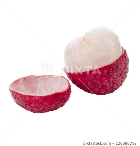 Fresh lychees and leaves isolated on a white background Fresh lychees and leaves isolated on a white background 126686752