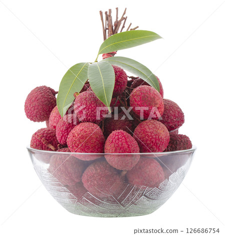 Fresh lychees and leaves isolated on a white background 126686754