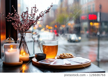Cozy tarot reading by the window on a rainy day with candles and tea 126686768