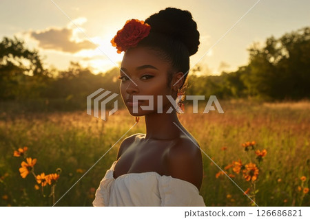 Young woman in white dress stands in sunlit meadow surrounded by vibrant flowers during golden hour 126686821