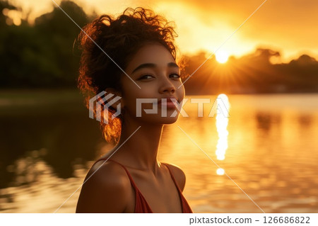 Woman with short hair standing by a lake at sunset with sunlight reflecting on the water Woman with short hair standing by a lake at sunset with sunlight reflecting on the water 126686822