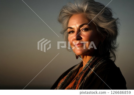 Gentle smile of a woman in her fifties with graying hair against a soft gray background 126686859