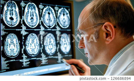Doctor review brain data on computer. 126686894
