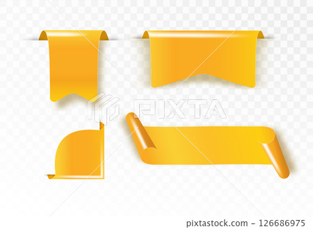 Golden satin ribbon tag. Gold textile label for sale promotion text. Discount and special offer badge. Vector 126686975