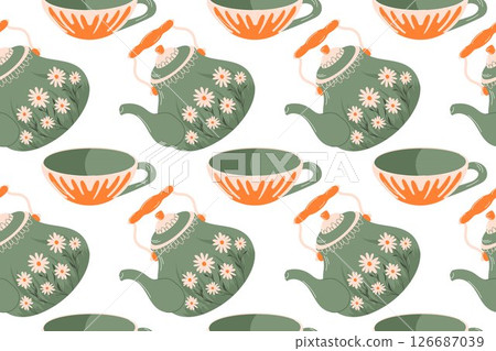 Vintage tea porcelain kettle and cup seamless pattern in flat style. Background with teapot for kitchen wallpaper, cafe breakfast menu, surface texture. Vintage tea porcelain kettle and cup seamless pattern in flat style. Background with teapot for kitchen wallpaper, cafe breakfast menu, surface texture. 126687039