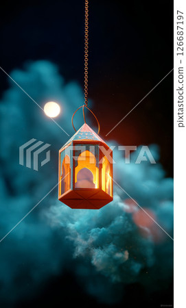 Traditional lantern glowing in night sky with clouds and full moon background 126687197