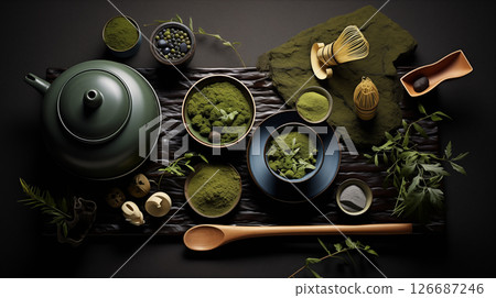 Green tea, teacups, tea and teapot 126687246