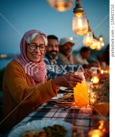 Elderly woman sharing Ramadan meal with family at festive outdoor table 126687258
