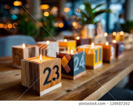Wooden Ramadan countdown candle blocks lined on a festive table with soft lighting 126687262