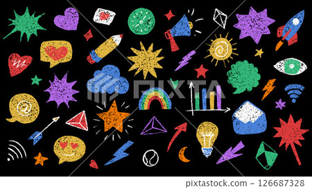 Bright Crayon Doodle Artistic Vector with Various Creative and Fun Elements Bright Crayon Doodle Artistic Vector with Various Creative and Fun Elements 126687328