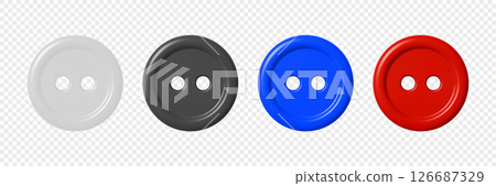 Vector 3d Realistic Glossy Button Set. Red Blue Black White Round Plastic Button Clipart for Sewing, Fashion. Vector Button Elements, Isolated Realistic Button Vector Illustration 126687329