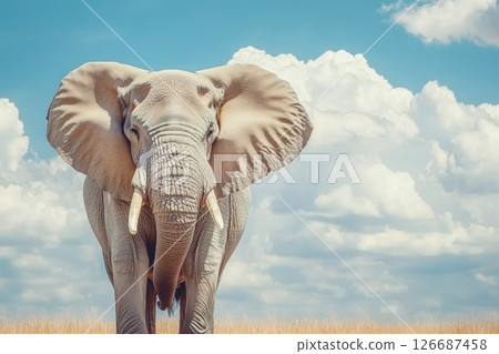 Majestic Elephant Standing in Front of Beautiful Cloudy Sky in Open Field Environment Majestic Elephant Standing in Front of Beautiful Cloudy Sky in Open Field Environment 126687458