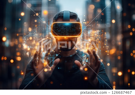 A man wearing a virtual reality headset is holding his hands up in the air. Concept of excitement and wonder as the man experiences the virtual world A man wearing a virtual reality headset is holding his hands up in the air. Concept of excitement and wonder as the man experiences the virtual world 126687467
