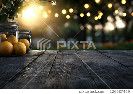 A table with a vase of lemons and a bowl of oranges A table with a vase of lemons and a bowl of oranges 126687469