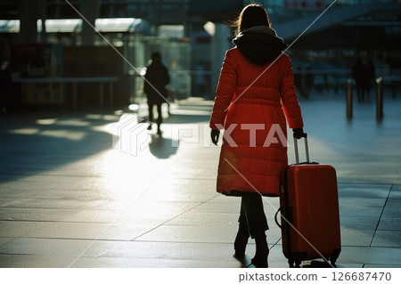 Woman in Red Coat Carrying Orange Luggage at Airport Terminal During Sunset with Soft Reflections on the Ground 126687470