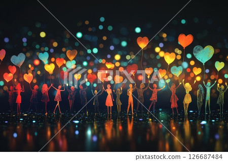 Colorful Paper Cutout Figures Holding Balloons Against Dreamy Background Colorful Paper Cutout Figures Holding Balloons Against Dreamy Background 126687484