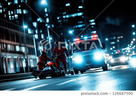 Emergency Medical Response at Night with Ambulance in City 126687500