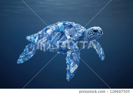 Majestic Sea Turtle Composed Entirely of Plastic Floating in Ocean Depths Majestic Sea Turtle Composed Entirely of Plastic Floating in Ocean Depths 126687505