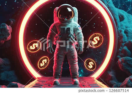 Astronaut on Futuristic Platform Surrounded by Neon Dollar Signs and Coins in Cosmic Scene for Financial Technology Concept. 126687514