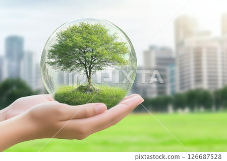 Digital Illustration of Hands Gently Holding a Tree Inside a Glass Sphere 126687528