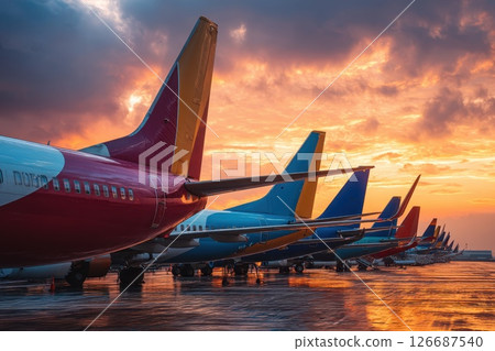 Wide Landscape View of Airport Tarmac at Sunset with Multiple Planes in the Background 126687540