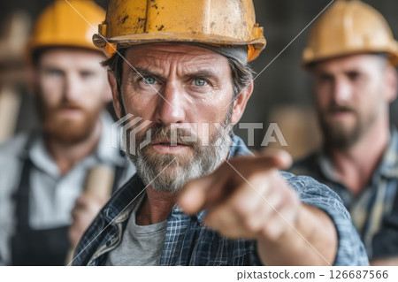Construction worker gestures towards team on job site in hard hat and safety gear 126687566