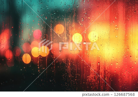 A blurry image of raindrops on a window with a blurry background, as if the viewer is looking through a foggy window 126687568