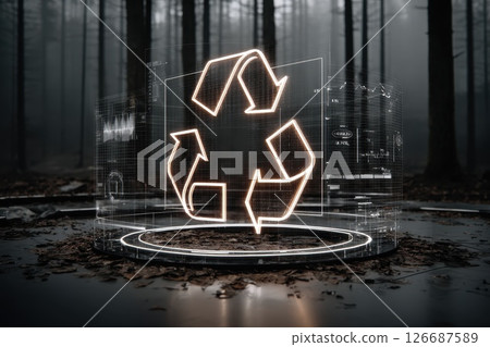Glowing Recycling Symbol Hovering Amidst a Misty Forest Landscape with Futuristic Elements Glowing Recycling Symbol Hovering Amidst a Misty Forest Landscape with Futuristic Elements 126687589