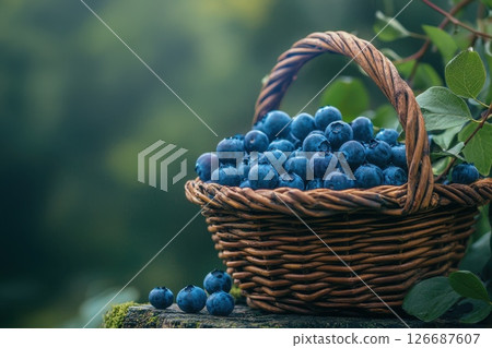 A basket full of blueberries is sitting on a wooden surface A basket full of blueberries is sitting on a wooden surface 126687607
