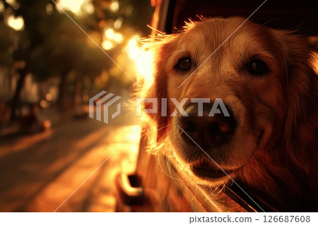 Happy Golden Retriever Looking Out of SUV Window in Urban Park During Sunset Hours Happy Golden Retriever Looking Out of SUV Window in Urban Park During Sunset Hours 126687608
