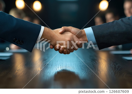 Two men shaking hands in front of a table with other people Two men shaking hands in front of a table with other people 126687609