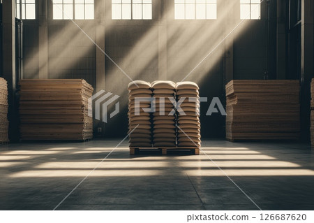 Lifting Cement Bags on Forklift in Warehouse 126687620