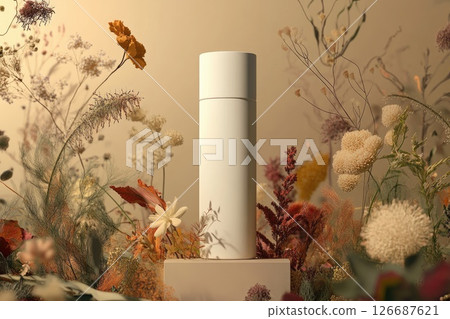 A white bottle of perfume is placed in front of a colorful background of flowers 126687621