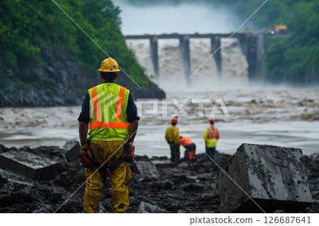 Construction Manager Overseeing Dam Site with Crew in Neon Yellow Safety Vests 126687641