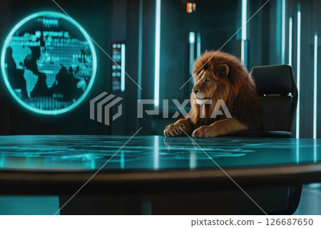 Majestic Lion in Futuristic Office Setting with High-Tech Features 126687650