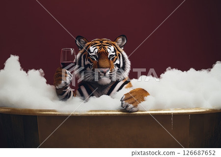 A Tiger Enjoying a Relaxing Bath in a Luxurious Setting While Holding a Glass of Red Wine Surrounded by Bubbles and a Rich Red Background A Tiger Enjoying a Relaxing Bath in a Luxurious Setting While Holding a Glass of Red Wine Surrounded by Bubbles and a Rich Red Background 126687652