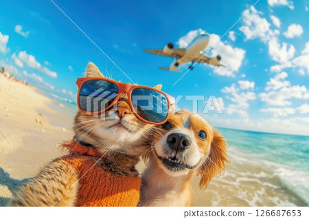 Cat and Dog Enjoying a Sunny Day at the Beach with Sunglasses and an Airplane in the Sky, Perfect for Fun and Playful Stock Imagery 126687653