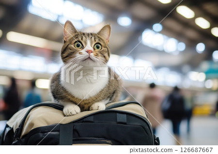 Curious Cat Sitting on Top of Travel Bag at Busy Train Station 126687667