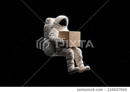 Astronaut Floating in Space Holding a Box in a Vast and Dark Cosmic Environment 126687668