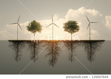 Wind Turbines Sprouting Like Trees from Glowing Roots in Surreal Environmental Landscape 126687684