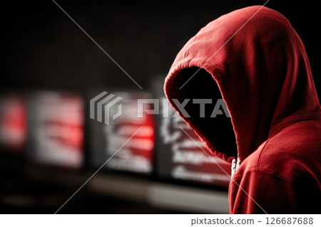Wide View of Anonymous Figure in Red Hoodie Facing Multiple Computer Screens with Code Display Wide View of Anonymous Figure in Red Hoodie Facing Multiple Computer Screens with Code Display 126687688