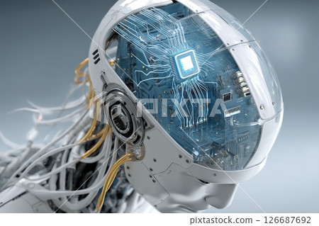 Robot with Transparent Head Showing Microchips and Circuitry for Futuristic Technology Concepts Robot with Transparent Head Showing Microchips and Circuitry for Futuristic Technology Concepts 126687692